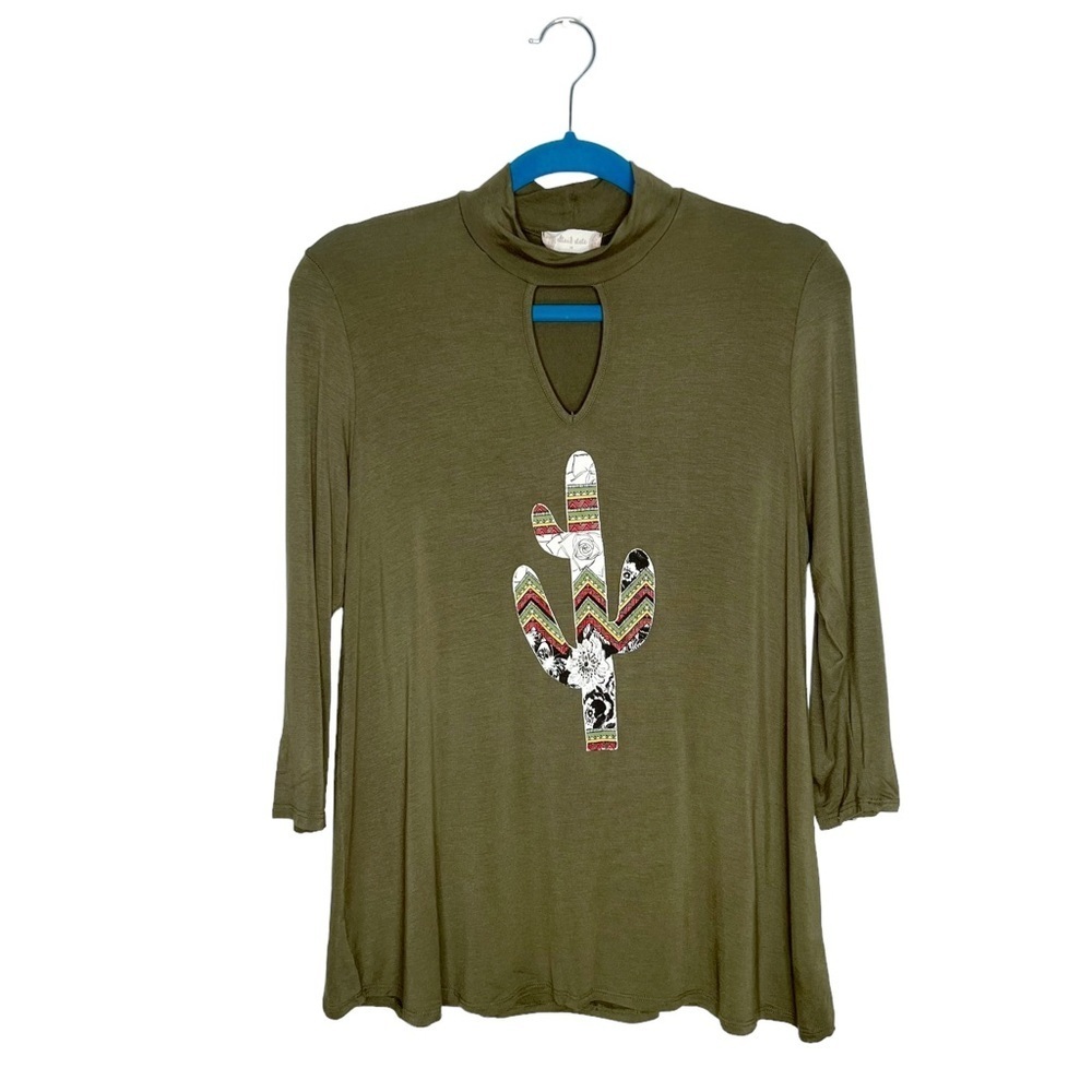 Altar’d State Green Saguaro Cactus Choker Keyhole Neck Flare Blouse